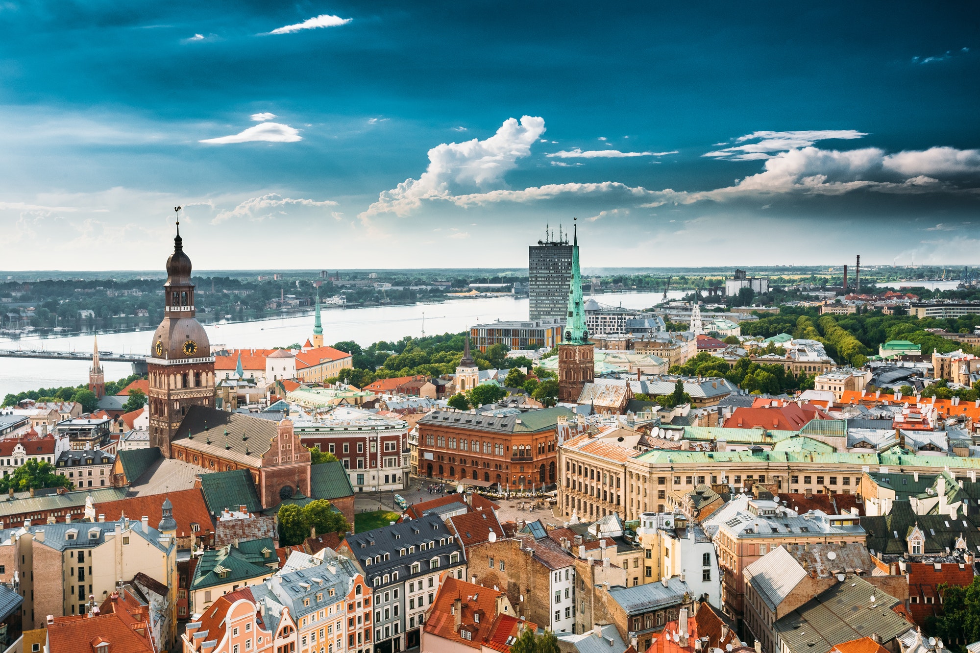 Riga, Latvia. Cityscape In Sunny Summer Day. Famous Landmarks -