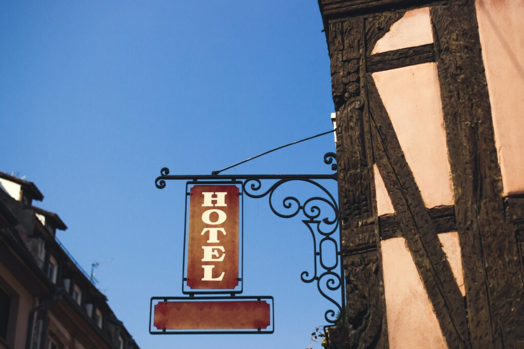 Old sign hotel at the street